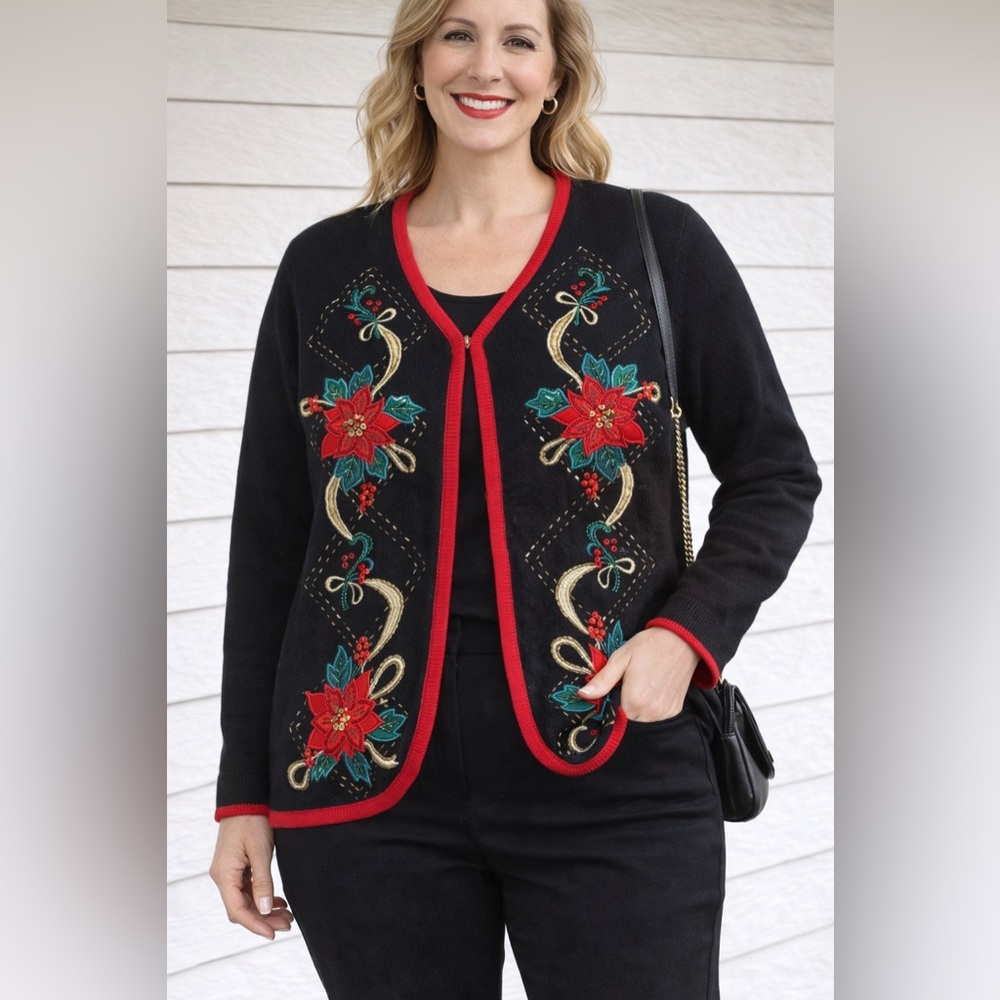 Tiara International Blackand Red Sweater with Floral Embroidery-Ugly Christmas